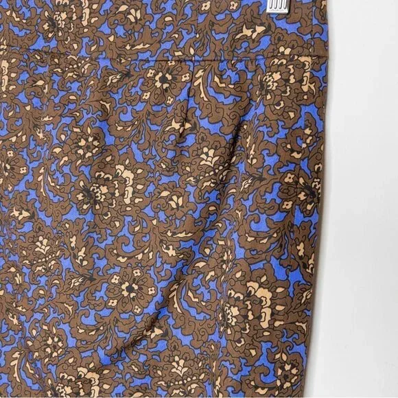 J Crew Womens Size 2 Pencil Skirt Blue Brown Print Cotton Slit Mini Wear to Work - Picture 3 of 8